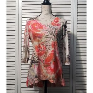 Style & Co Artsy Embellished Top Women's Petite Medium Multicolor Floral Blouse‎